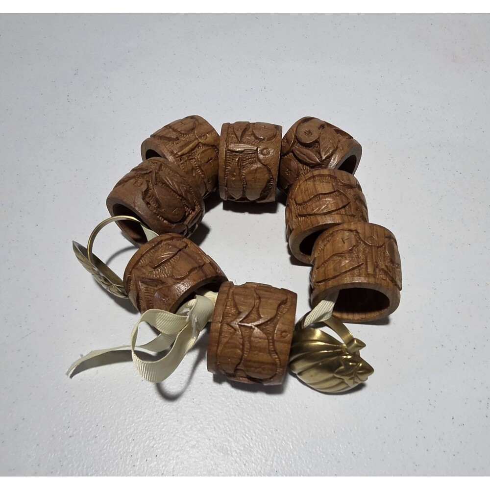 Vintage Hand Carved Wooden Napkin Rings + 2 Brass Pumpkin Rings Table Decor